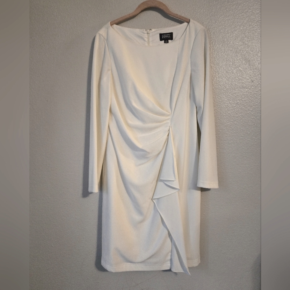 Adrianna Papell White/Ivory Asymmetrical Ruched Long Sleeve Dress, Size 10P